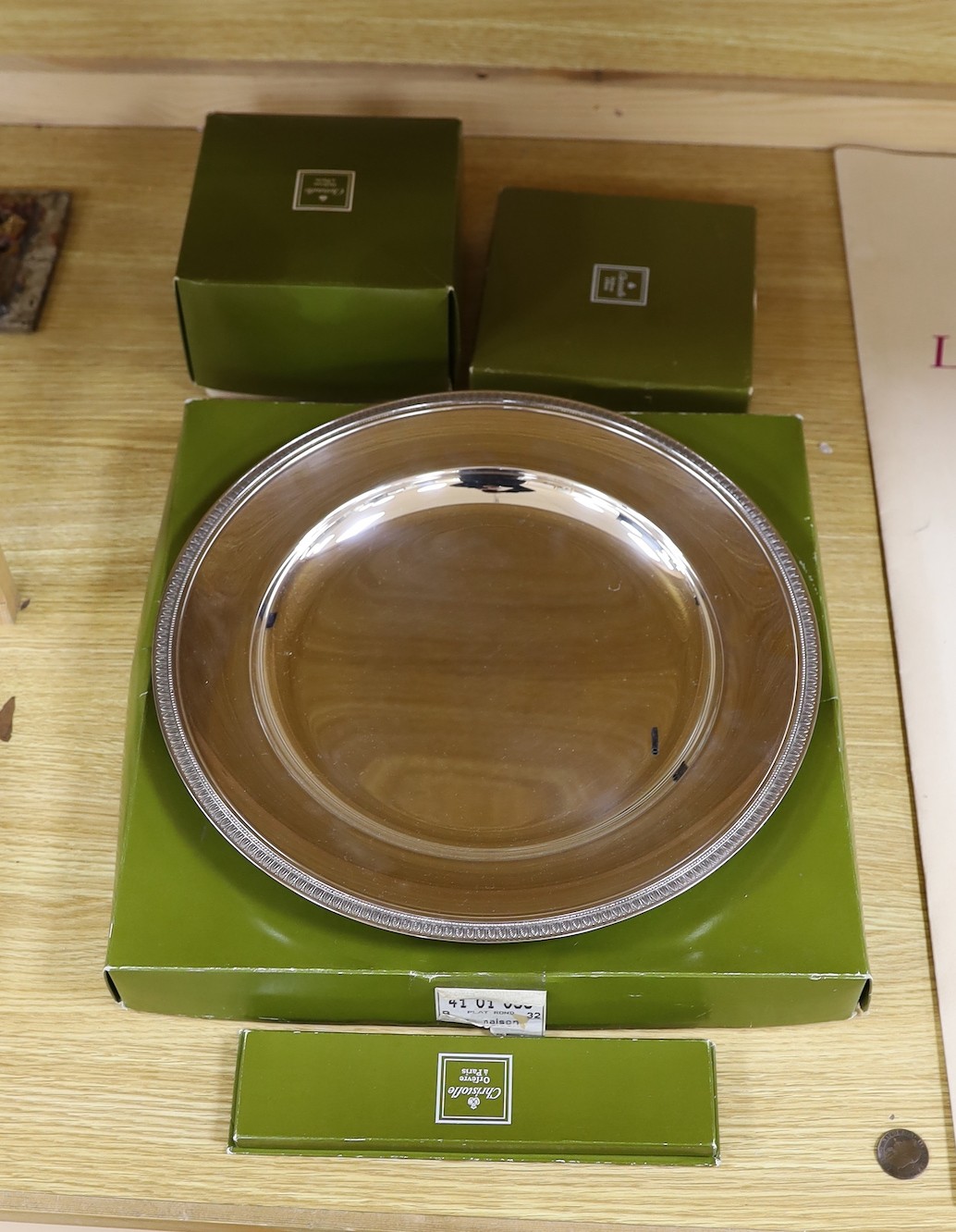 A boxed French Cristofle plated salver a boxed paper knife, dish and rose bowl, salver 35 cms diameter